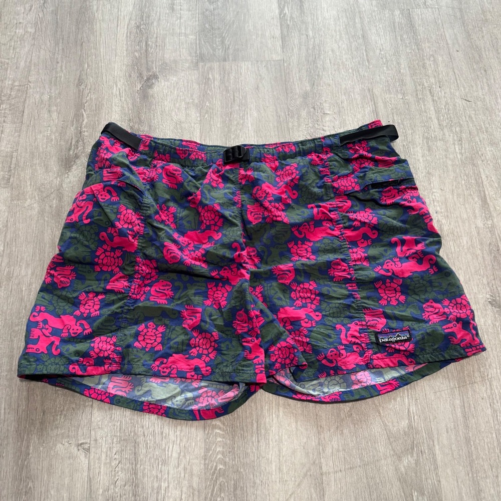 Vintage Patagonia River Shorts Mens 38 Pink Green Turtle Frog Print Belt 5in